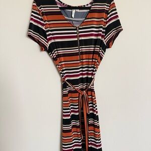 Tacera Multicolor Striped Zip Front Tie Waist Dress Size L
